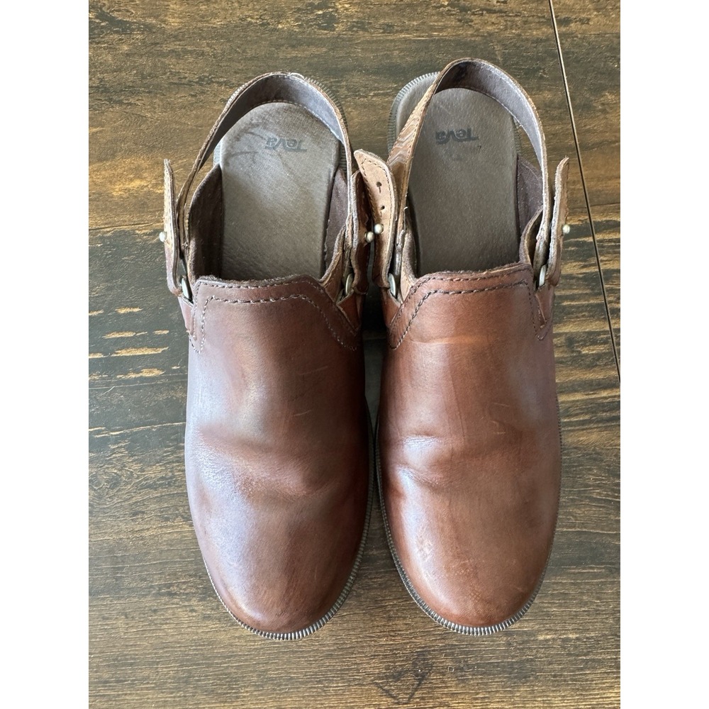 •Teva Shoes Womens 10 Foxy Slingback Clogs 1013674 Brown Leather Round Toe Heels